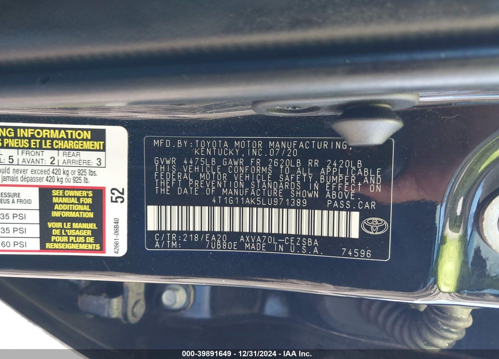 2020 TOYOTA CAMRY SE VIN: 4T1G11AK5LU971389