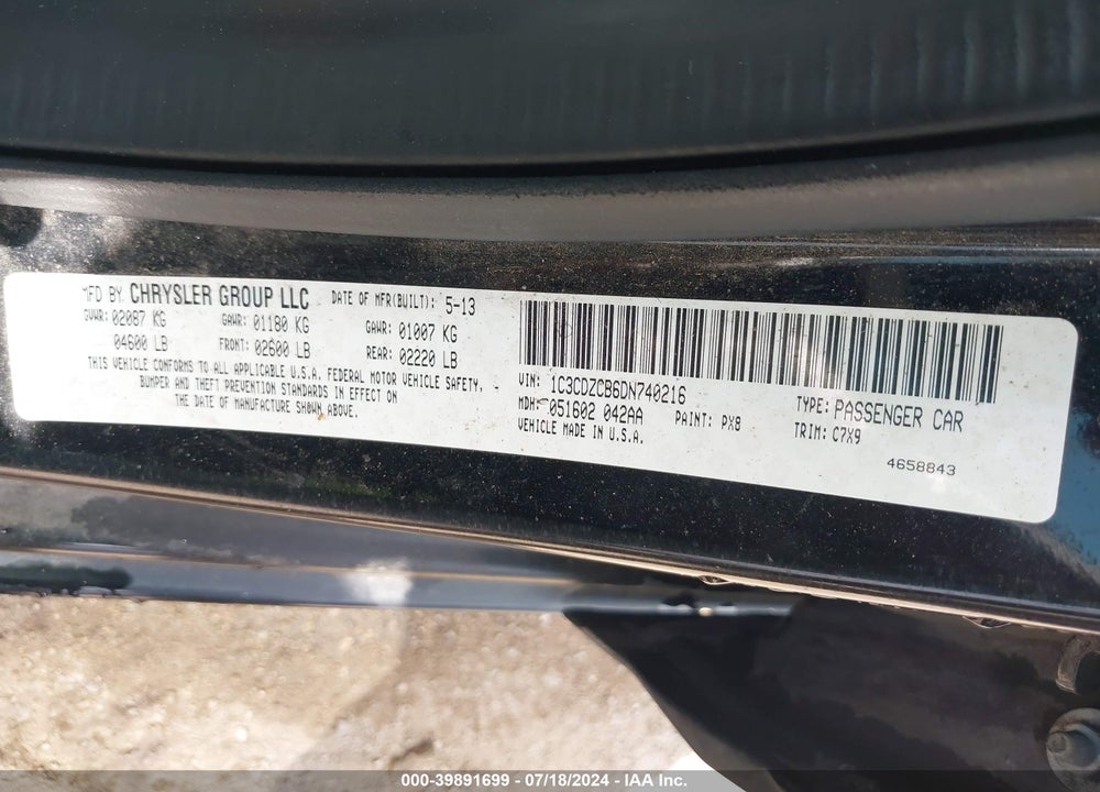 2013 DODGE AVENGER SXT VIN: 1C3CDZCB6DN740216