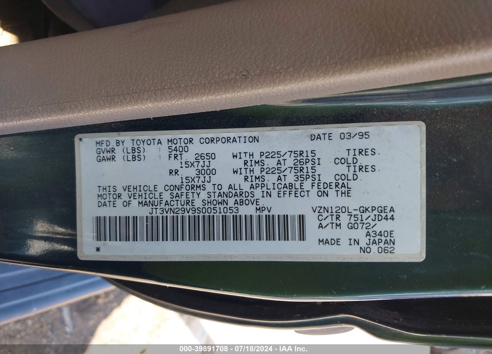 1995 TOYOTA 4RUNNER VN29 SR5 VIN: JT3VN29V9S0051053