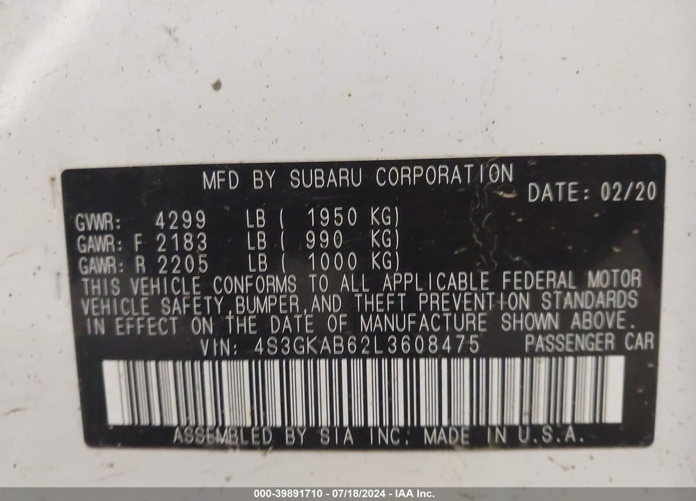 2020 SUBARU IMPREZA SEDAN VIN: 4S3GKAB62L3608475
