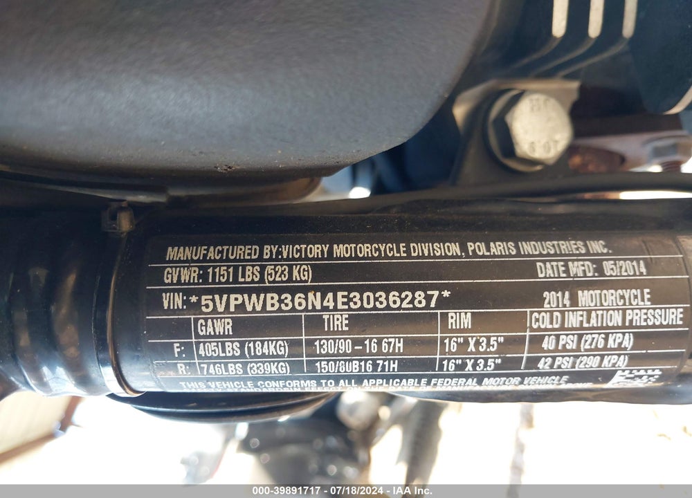 2014 VICTORY MOTORCYCLES HIGH-BALL VIN: 5VPWB36N4E3036287