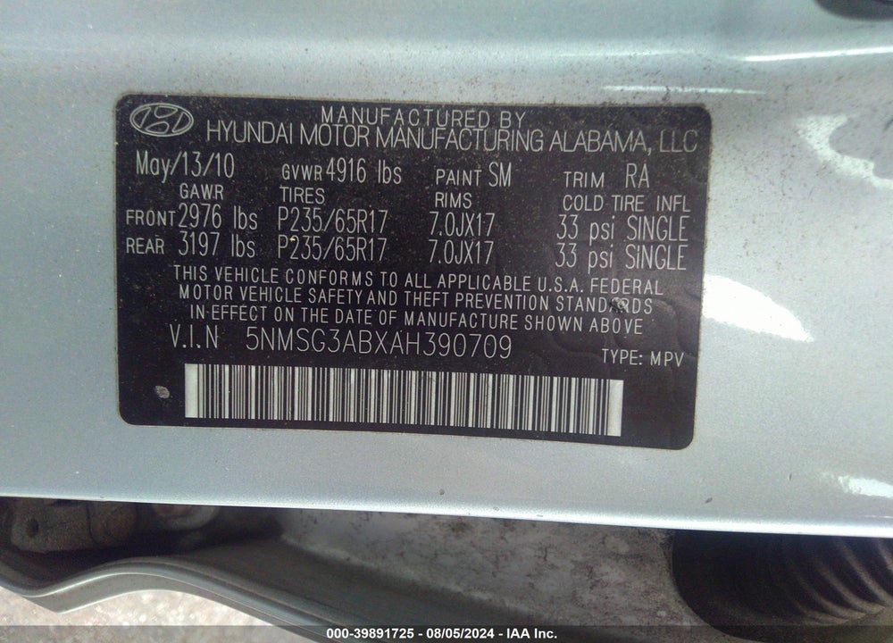 2010 HYUNDAI SANTA FE GLS VIN: 5NMSG3ABXAH390709