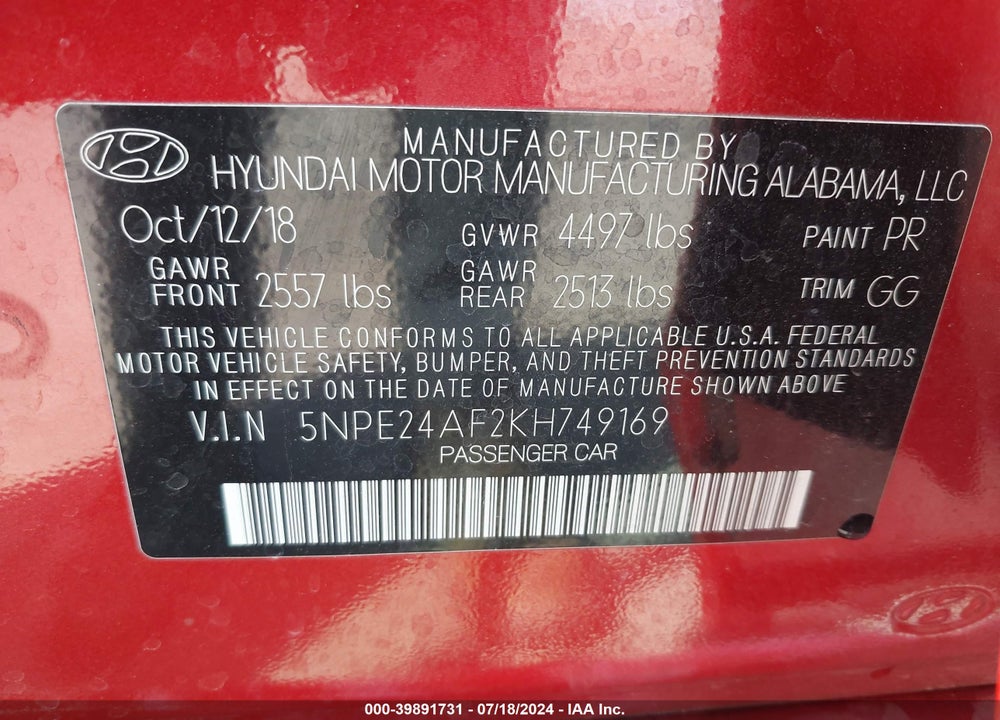 2019 HYUNDAI SONATA SE VIN: 5NPE24AF2KH749169