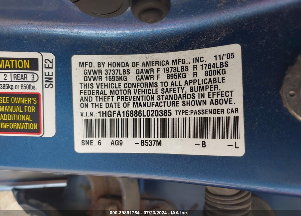 2006 HONDA CIVIC EX VIN: 1HGFA16886L020385