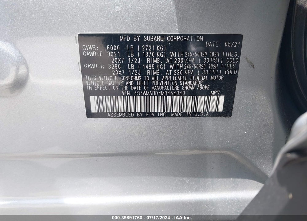 2021 SUBARU ASCENT TOURING VIN: 4S4WMARD4M3454343