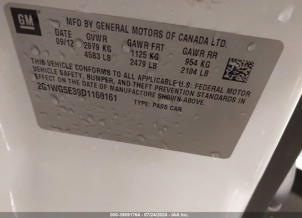 2013 CHEVROLET IMPALA LT VIN: 2G1WG5E39D1160161