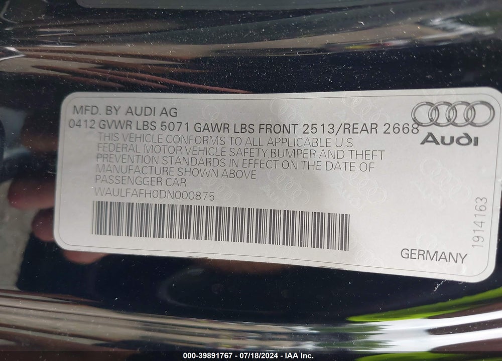 2013 AUDI A5 2.0T PREMIUM VIN: WAULFAFH0DN000875