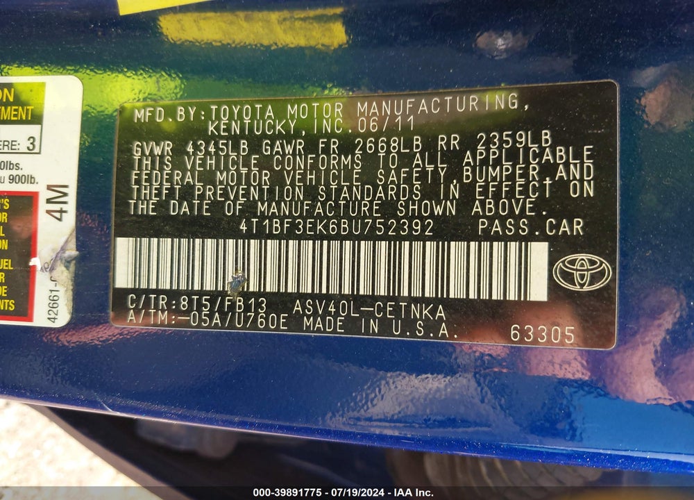 2011 TOYOTA CAMRY LE VIN: 4T1BF3EK6BU752392