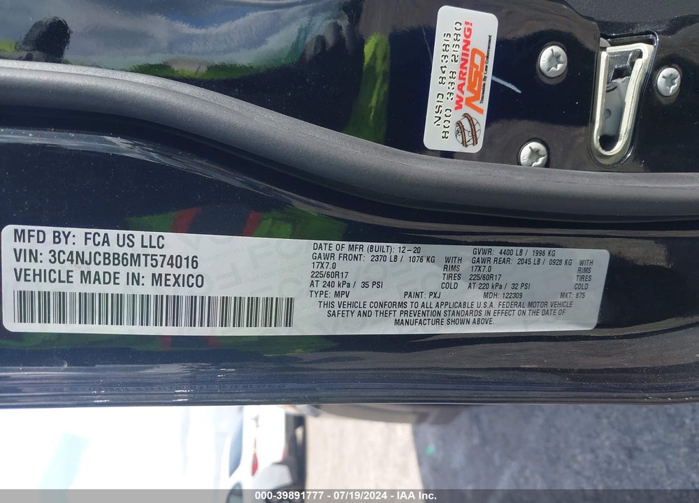 2021 JEEP COMPASS LATITUDE FWD VIN: 3C4NJCBB6MT574016