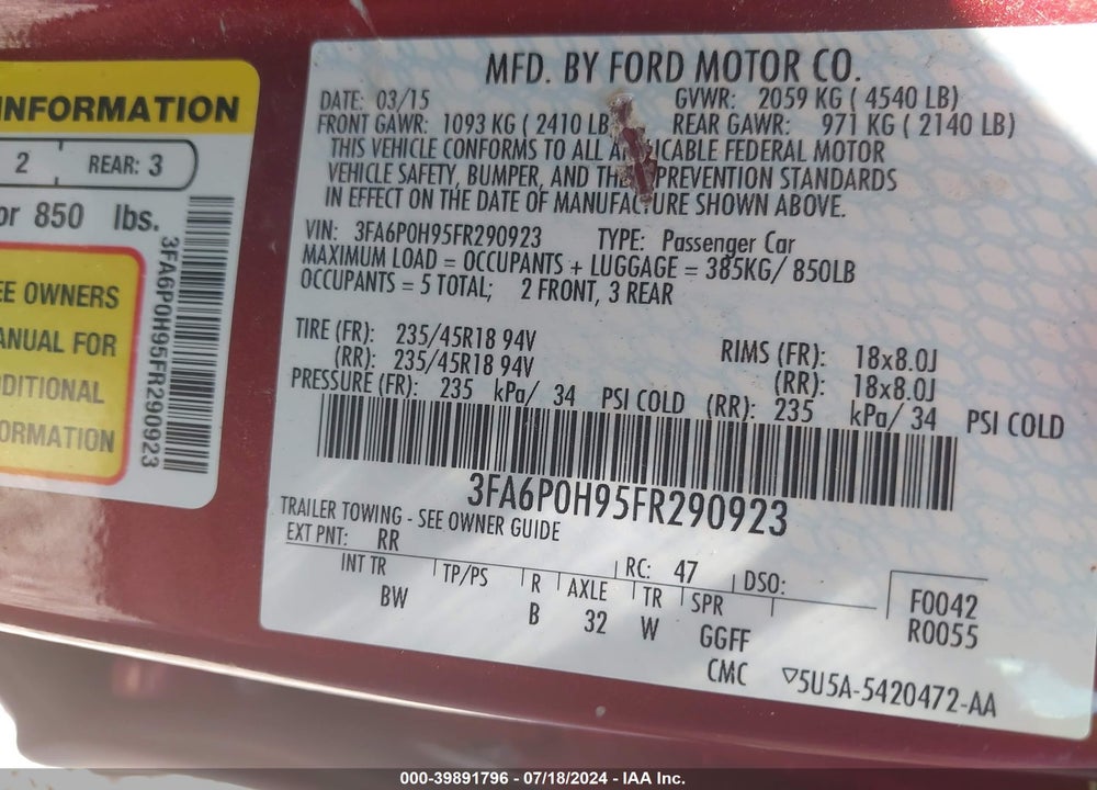 2015 FORD FUSION SE VIN: 3FA6P0H95FR290923