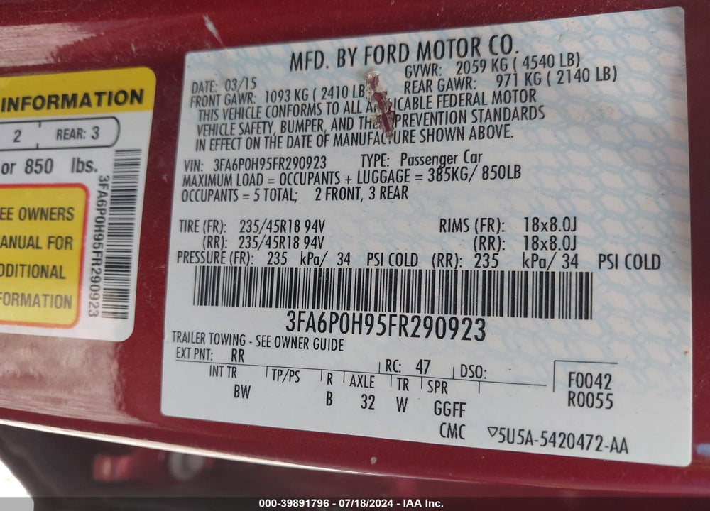 2015 FORD FUSION SE VIN: 3FA6P0H95FR290923