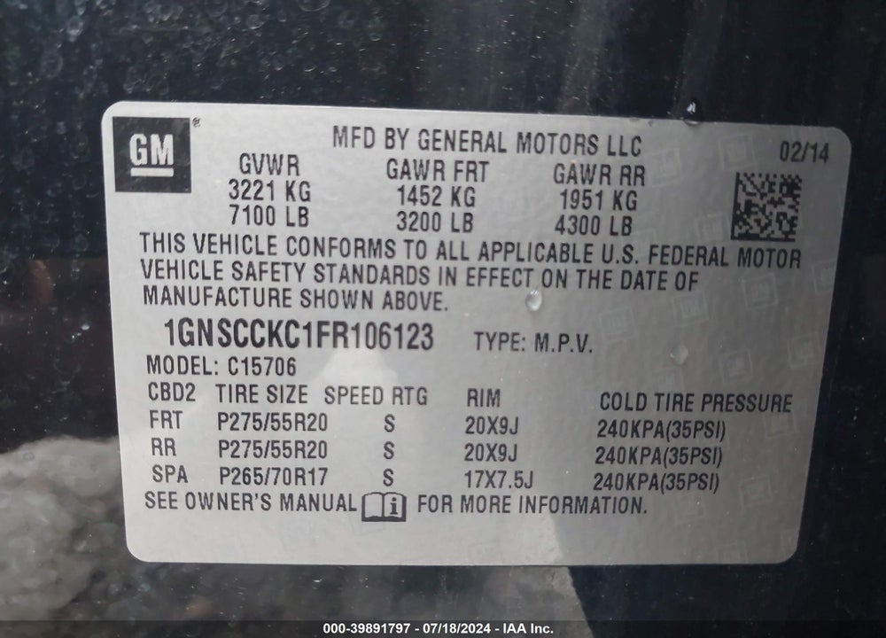 2015 CHEVROLET TAHOE LTZ VIN: 1GNSCCKC1FR106123
