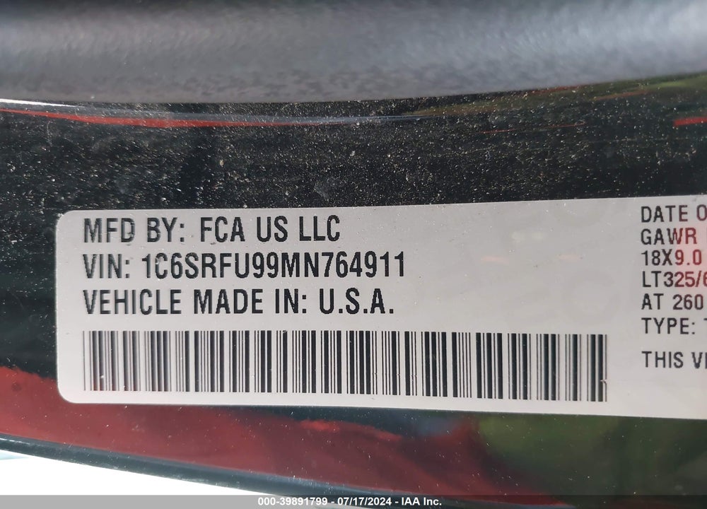 2021 RAM 1500 VIN: 1C6SRFU99MN764911