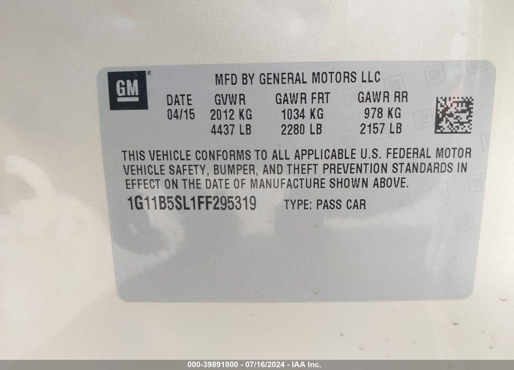 2015 CHEVROLET MALIBU LS VIN: 1G11B5SL1FF295319