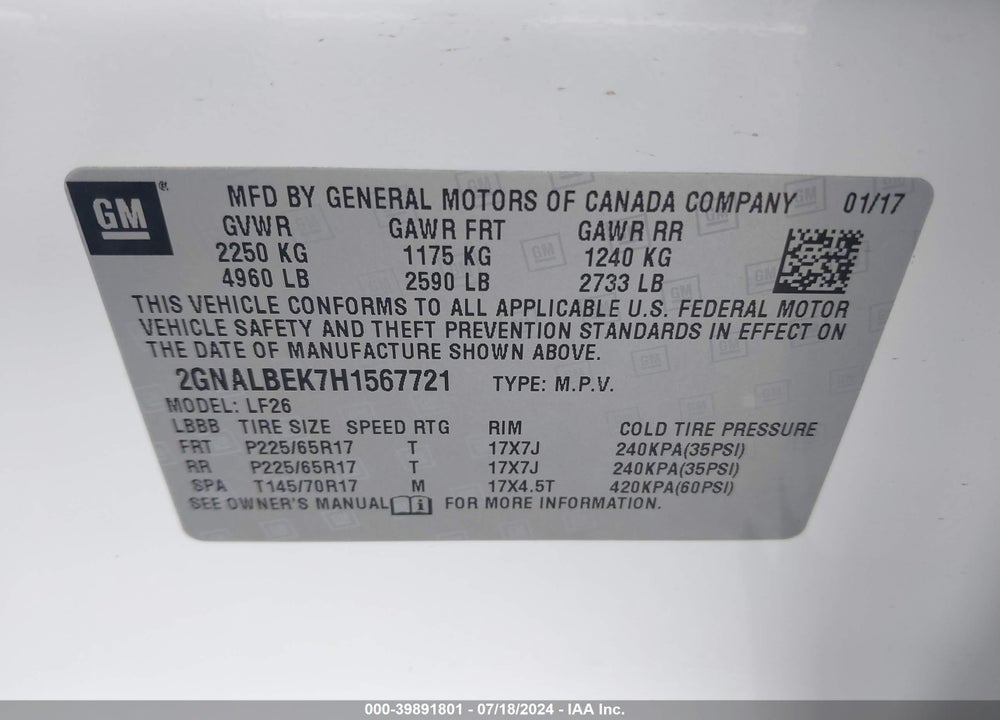 2017 CHEVROLET EQUINOX LS VIN: 2GNALBEK7H1567721