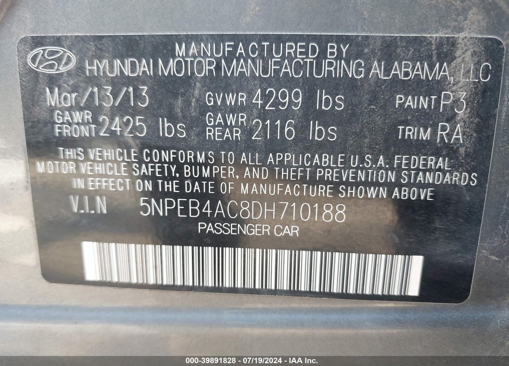 2013 HYUNDAI SONATA GLS VIN: 5NPEB4AC8DH710188