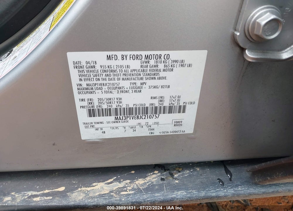 2018 FORD ECOSPORT TITANIUM VIN: MAJ3P1VE8JC210757