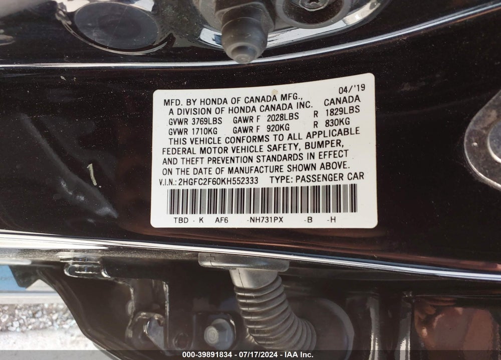 2019 HONDA CIVIC LX VIN: 2HGFC2F60KH552333