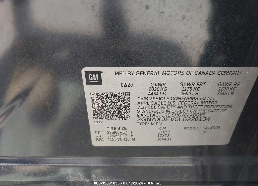 2020 CHEVROLET EQUINOX FWD 2FL VIN: 2GNAXJEV5L6220134