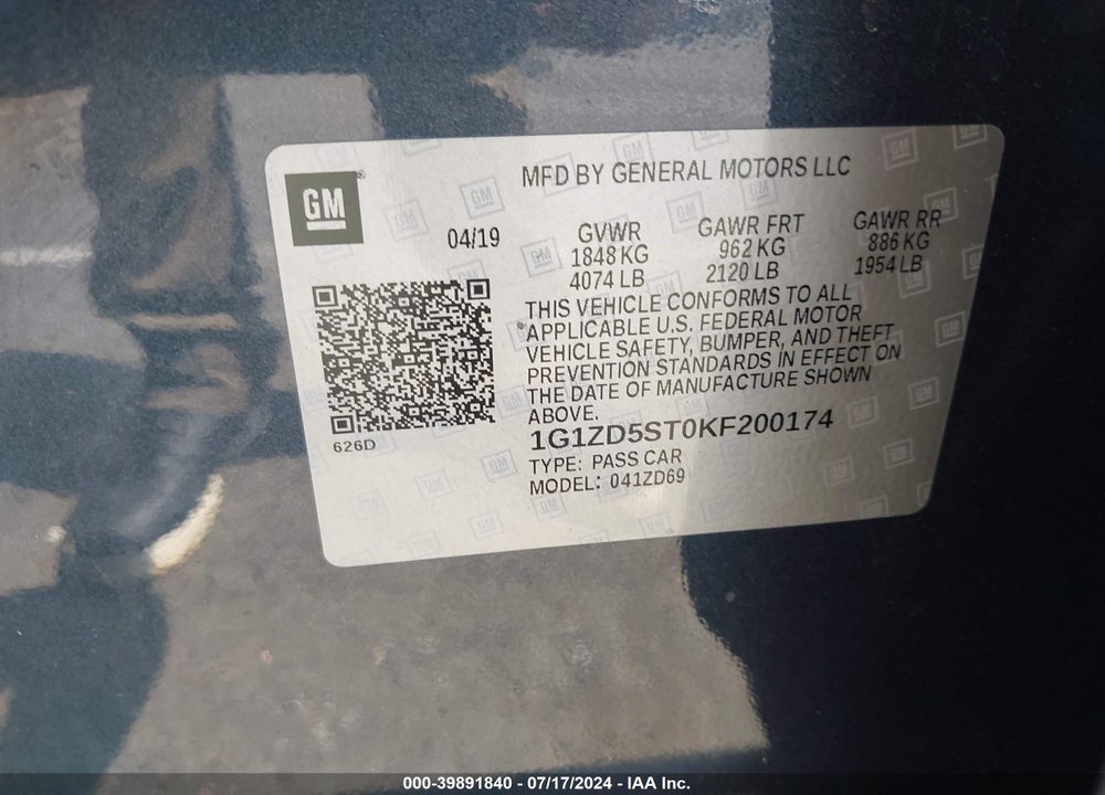 2019 CHEVROLET MALIBU LT VIN: 1G1ZD5ST0KF200174