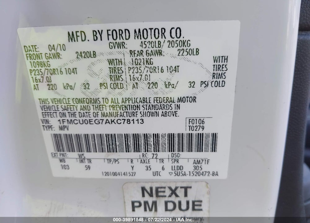 2010 FORD ESCAPE LIMITED VIN: 1FMCU0EG7AKC78113