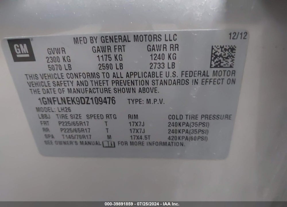 2013 CHEVROLET EQUINOX 2LT VIN: 1GNFLNEK9DZ109476