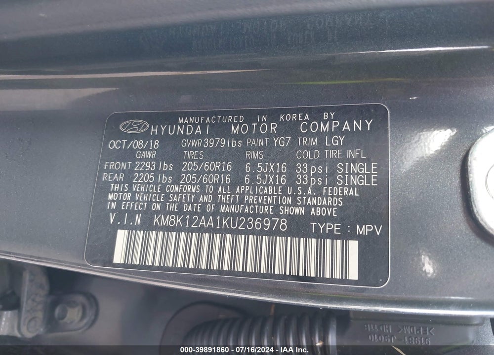 2019 HYUNDAI KONA SE VIN: KM8K12AA1KU236978