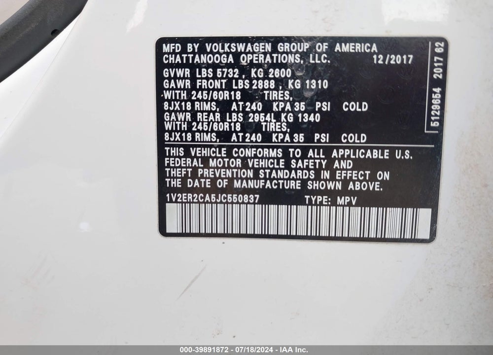 2018 VOLKSWAGEN ATLAS 3.6L V6 SEL VIN: 1V2ER2CA5JC550837