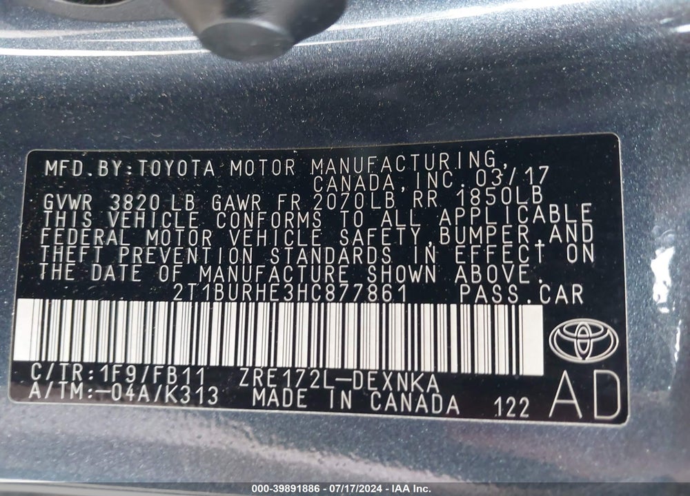 2017 TOYOTA COROLLA LE VIN: 2T1BURHE3HC877861