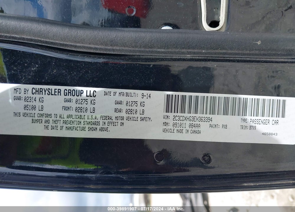 2014 DODGE CHARGER SXT VIN: 2C3CDXHG3EH363394