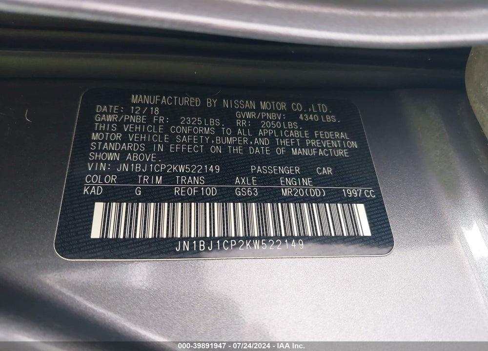 2019 NISSAN ROGUE SPORT S VIN: JN1BJ1CP2KW522149