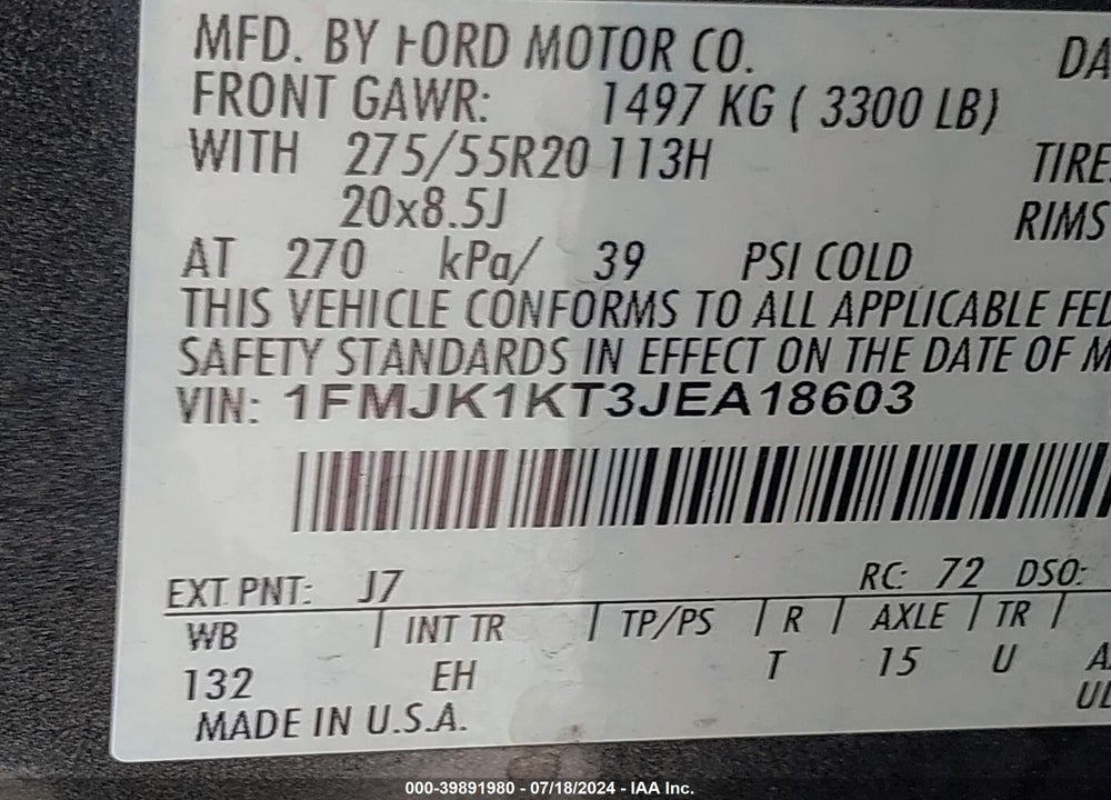 2018 FORD EXPEDITION MAX LIMITED VIN: 1FMJK1KT3JEA18603