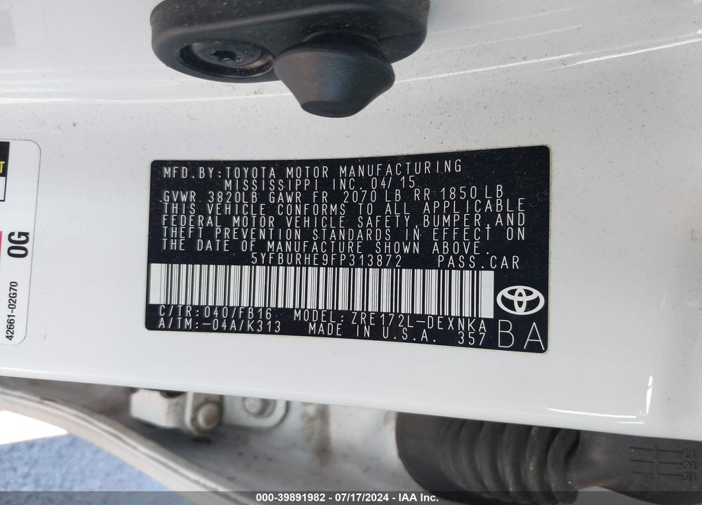 2015 TOYOTA COROLLA LE/LE PLUS/LE PREMIUM VIN: 5YFBURHE9FP313872