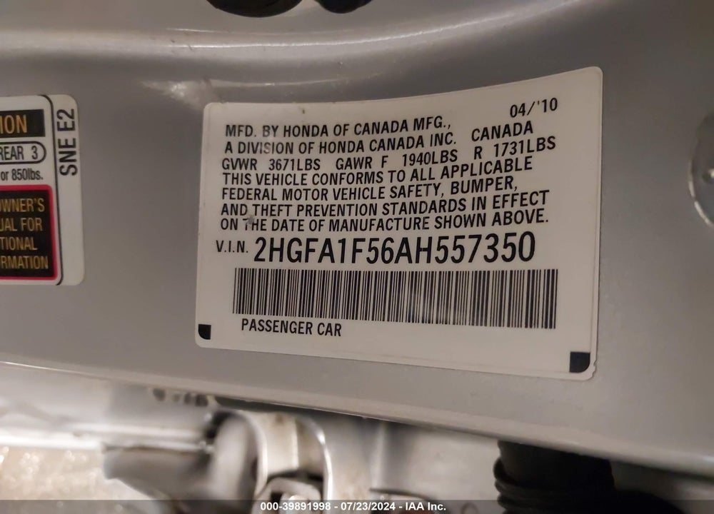 2010 HONDA CIVIC LX VIN: 2HGFA1F56AH557350