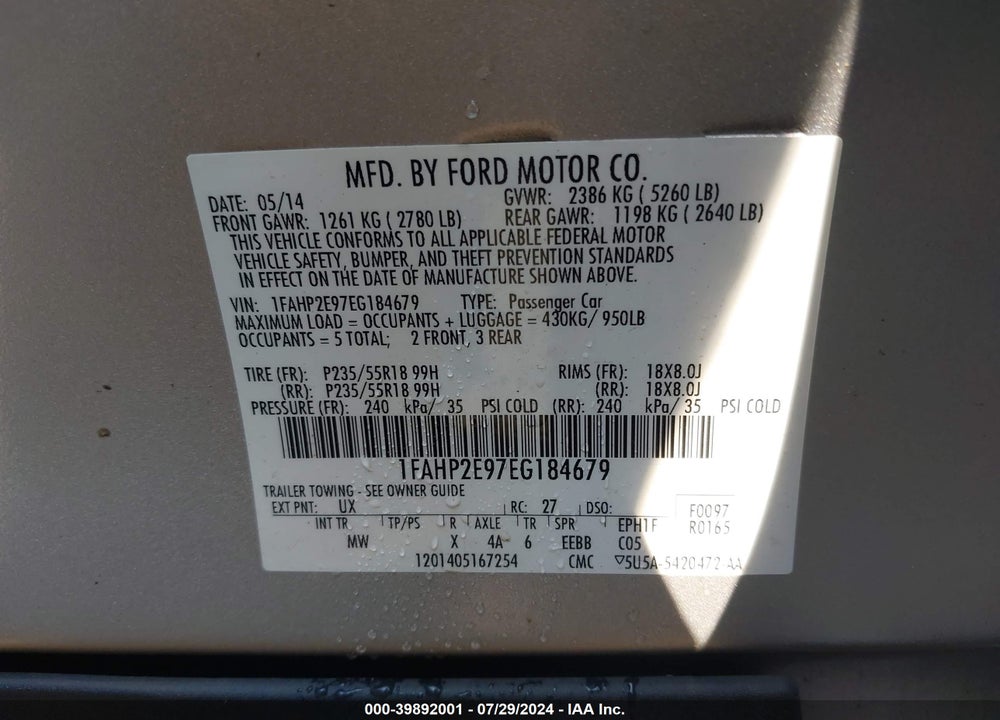 2014 FORD TAURUS SEL VIN: 1FAHP2E97EG184679