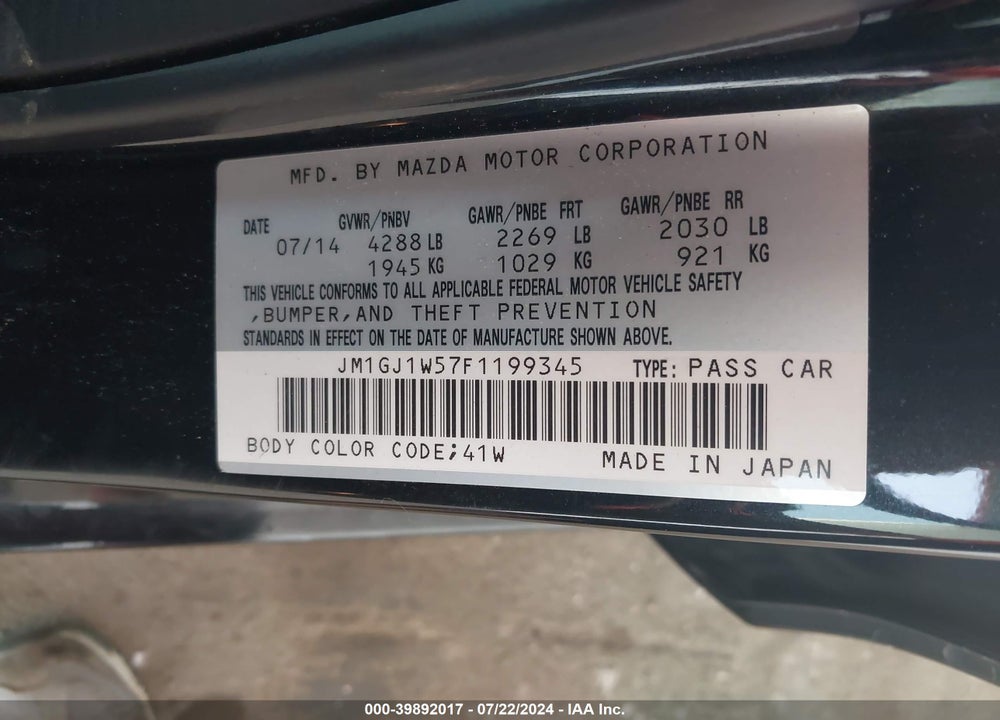 2015 MAZDA 6 I GRAND TOURING VIN: JM1GJ1W57F1199345