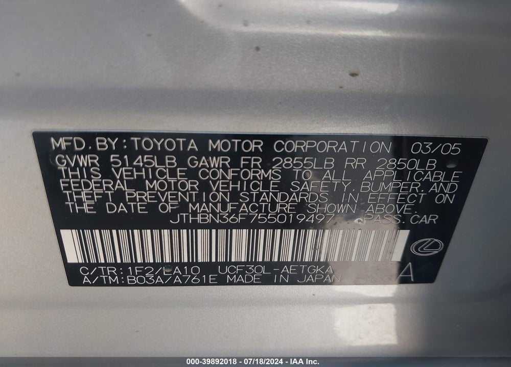 2005 LEXUS LS 430 VIN: JTHBN36F755019497
