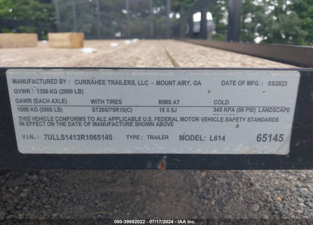 2023 CURRAHEE UTILITY TRAILOR VIN: 7ULLS1413R1065145