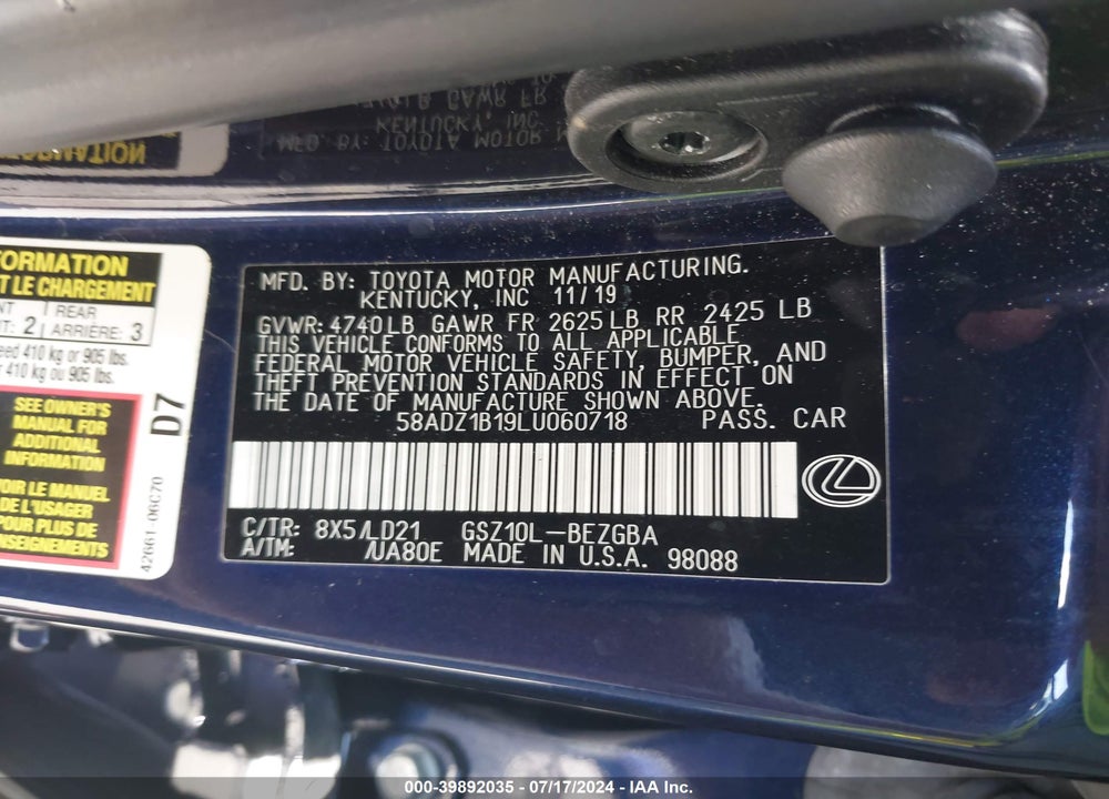 2020 LEXUS ES 350 VIN: 58ADZ1B19LU060718