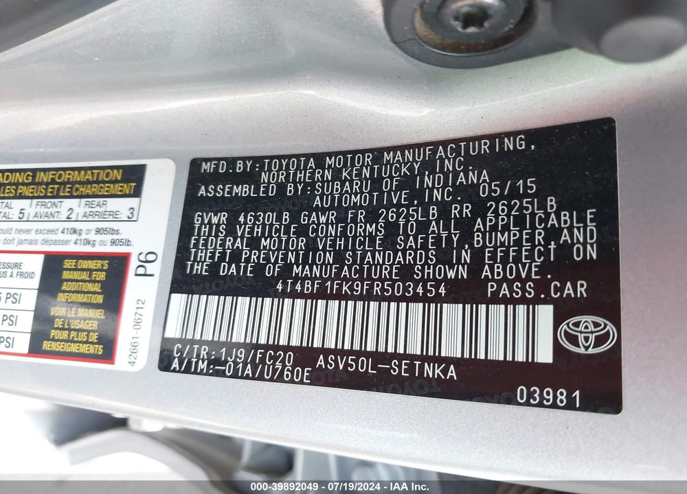 2015 TOYOTA CAMRY LE VIN: 4T4BF1FK9FR503454