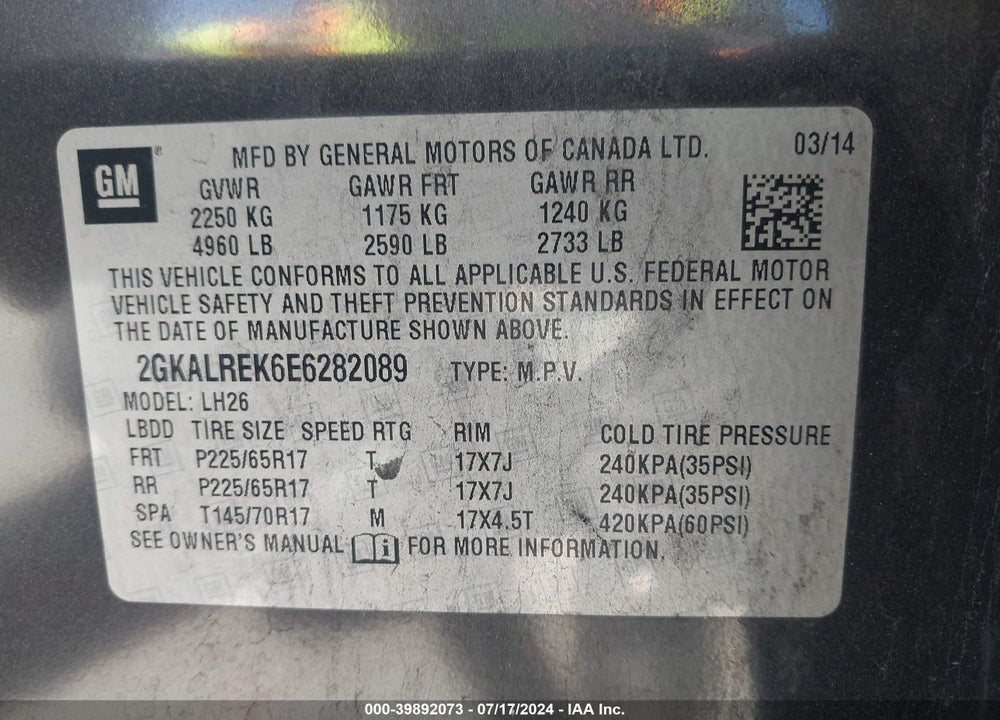 2014 GMC TERRAIN SLE-2 VIN: 2GKALREK6E6282089