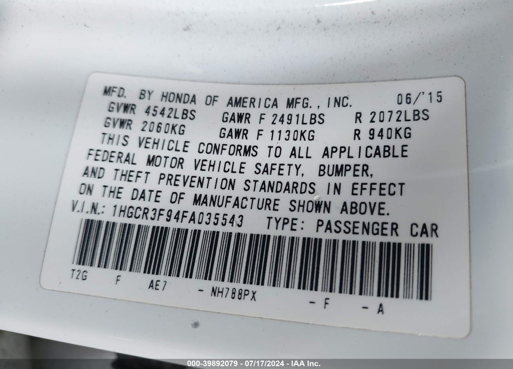 2015 HONDA ACCORD TOURING VIN: 1HGCR3F94FA035543