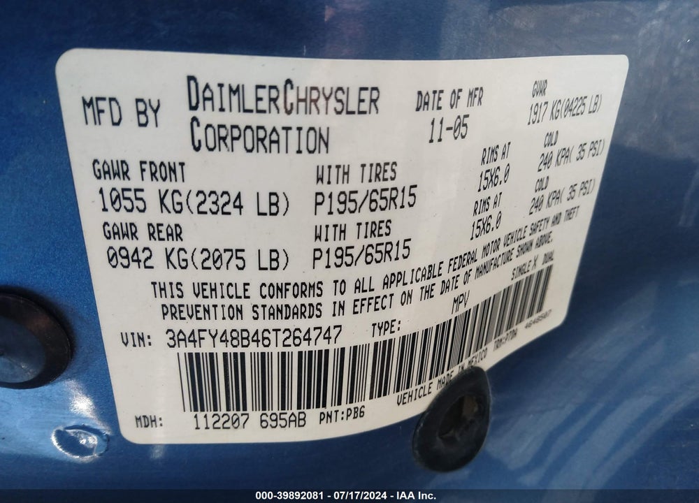 2006 CHRYSLER PT CRUISER VIN: 3A4FY48B46T264747
