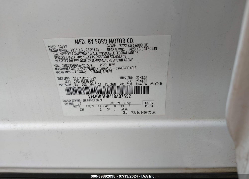 2018 FORD FLEX LIMITED VIN: 2FMGK5D84JBA07552