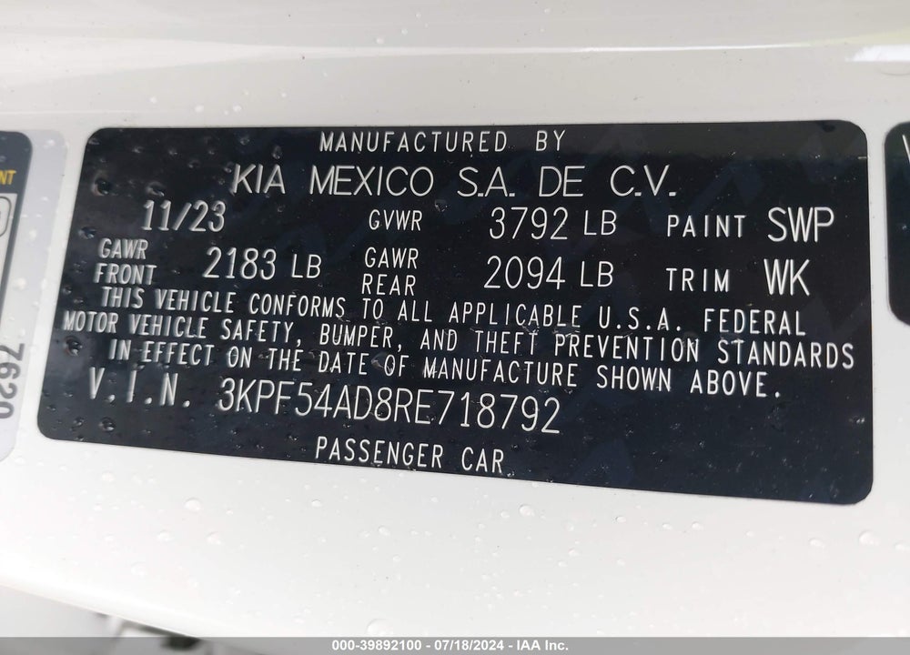 2024 KIA FORTE GT LINE VIN: 3KPF54AD8RE718792