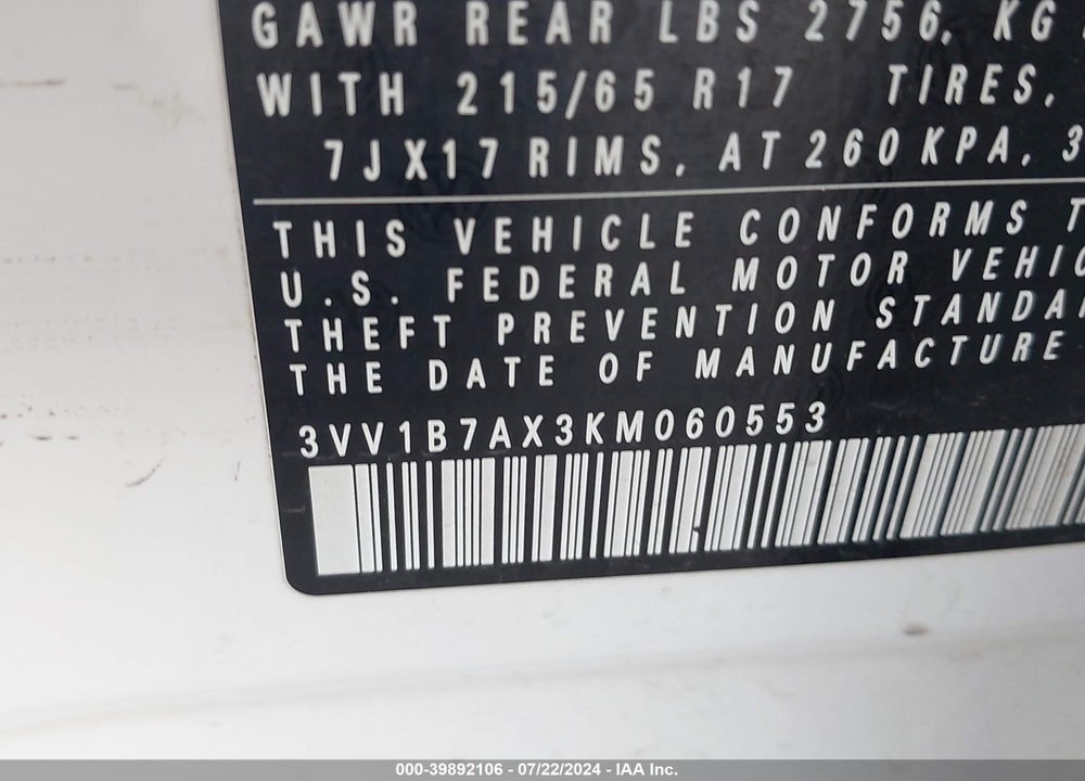 2019 VOLKSWAGEN TIGUAN 2.0T S VIN: 3VV1B7AX3KM060553