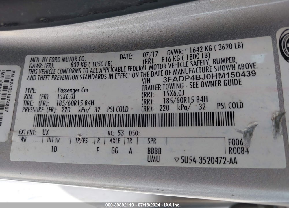 2017 FORD FIESTA SE VIN: 3FADP4BJ0HM150439
