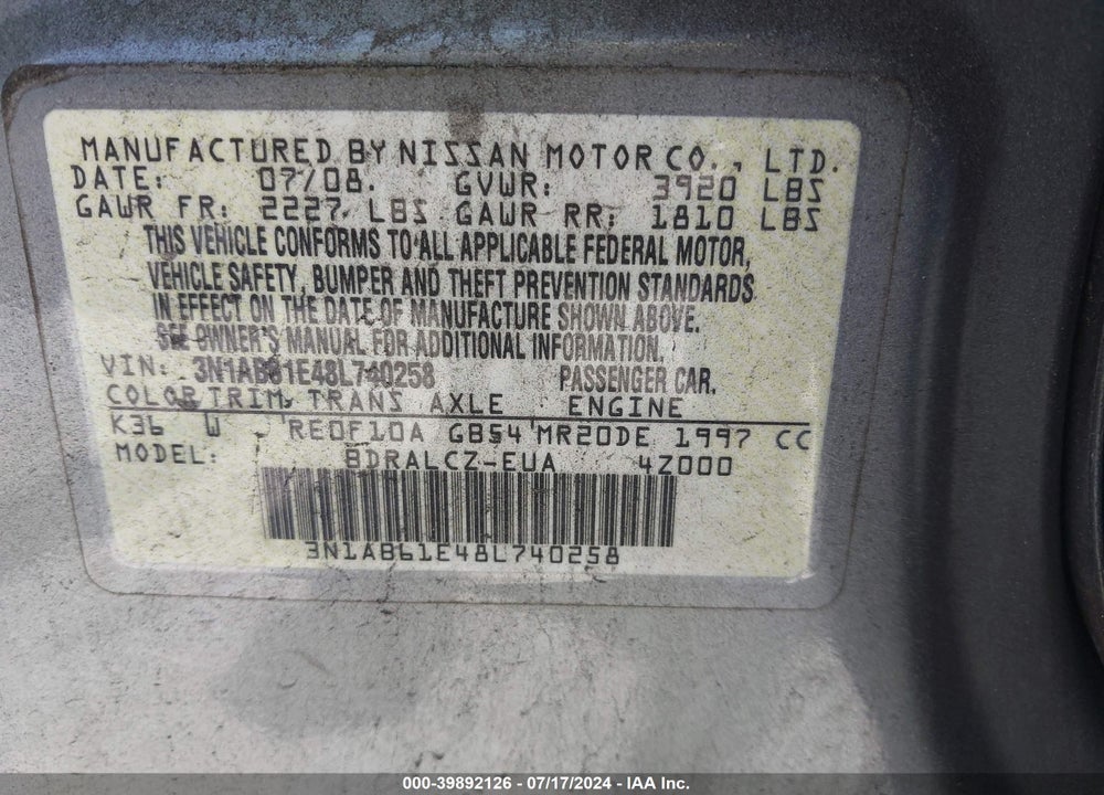 2008 NISSAN SENTRA 2.0 VIN: 3N1AB61E48L740258