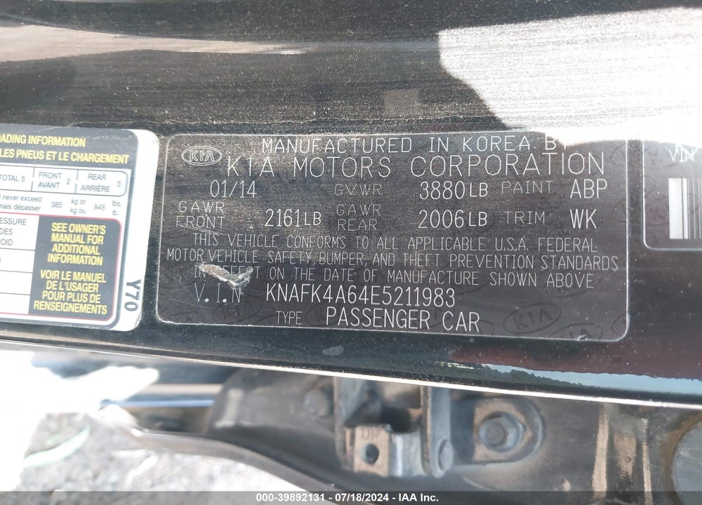2014 KIA FORTE LX VIN: KNAFK4A64E5211983