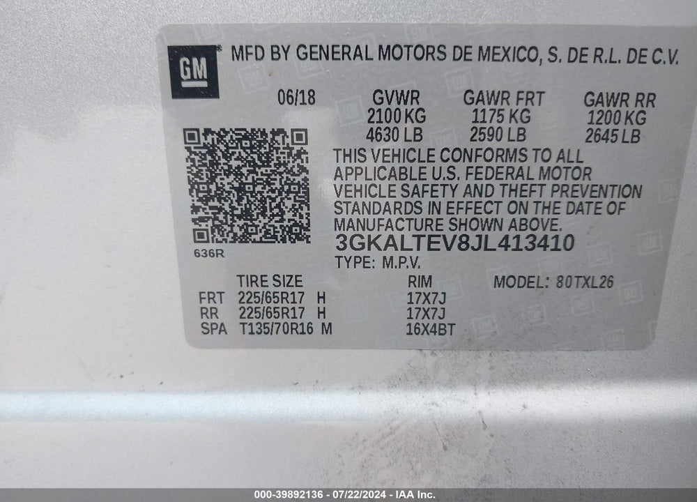 2018 GMC TERRAIN SLE VIN: 3GKALTEV8JL413410